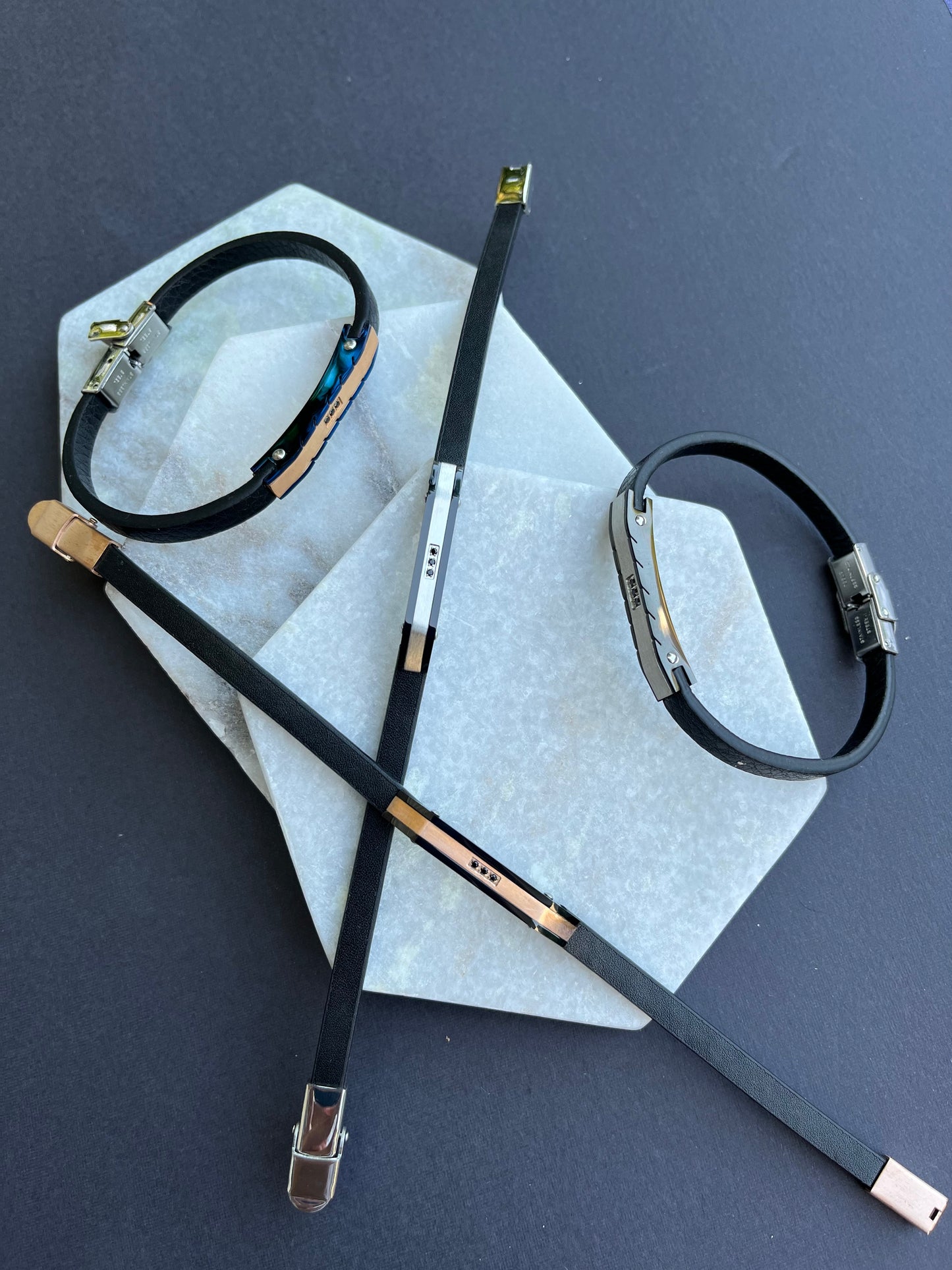 Blue Chrome & Rose Gold Leather Bracelet