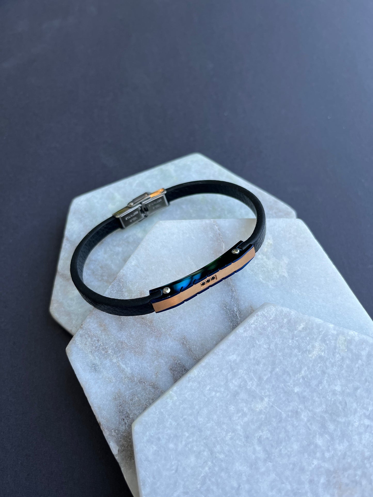 Blue Chrome & Rose Gold Leather Bracelet