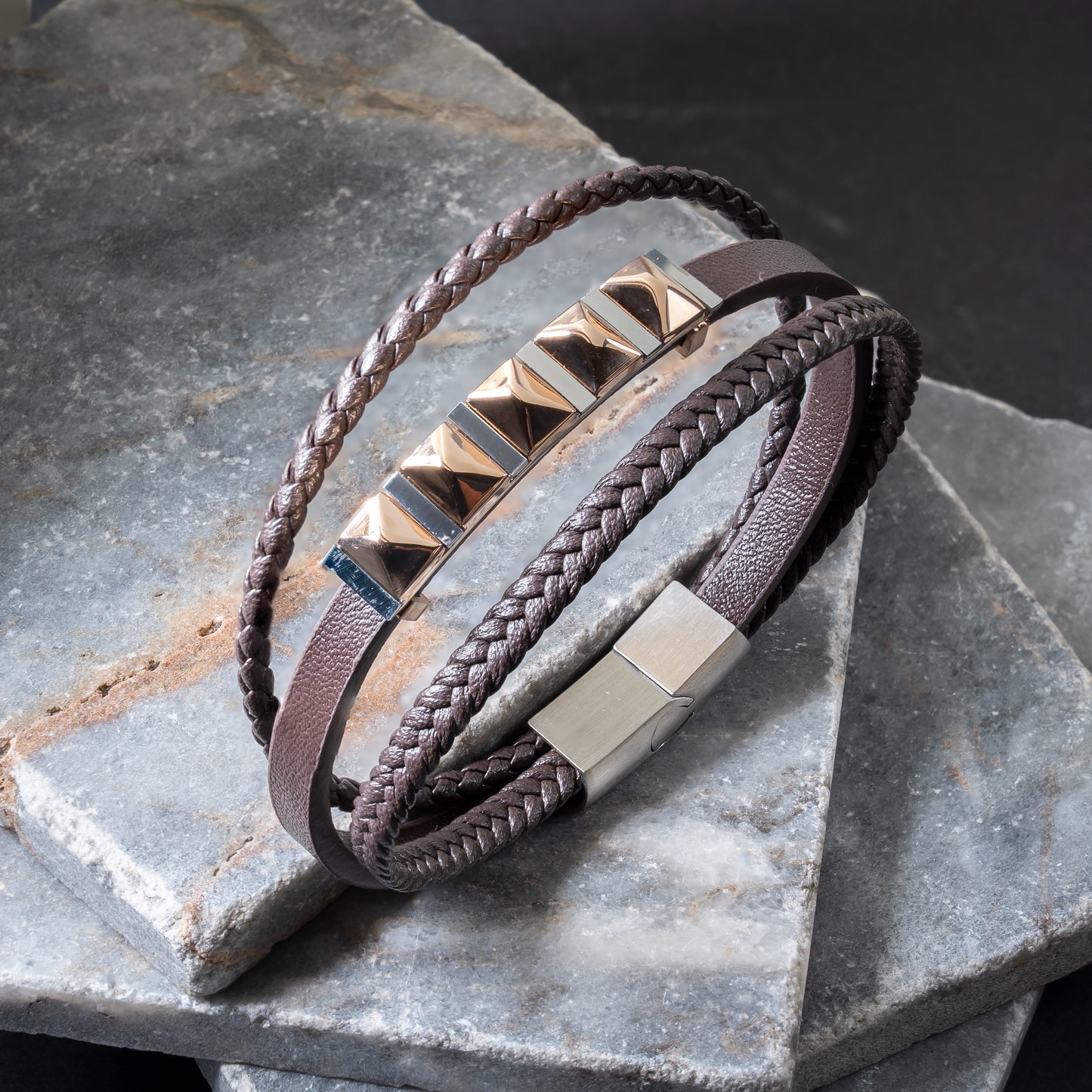 Multi Layered Rose Gold Brown Leather Bracelet