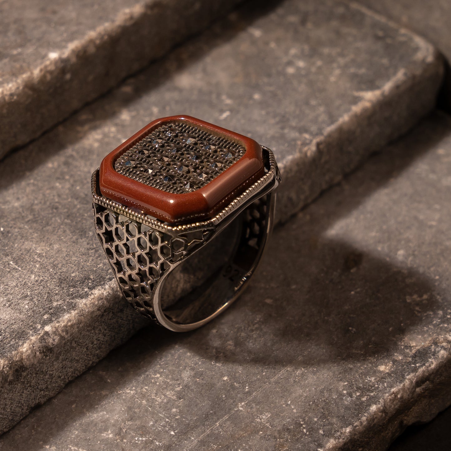 Red Agate Embellished Silver Ring