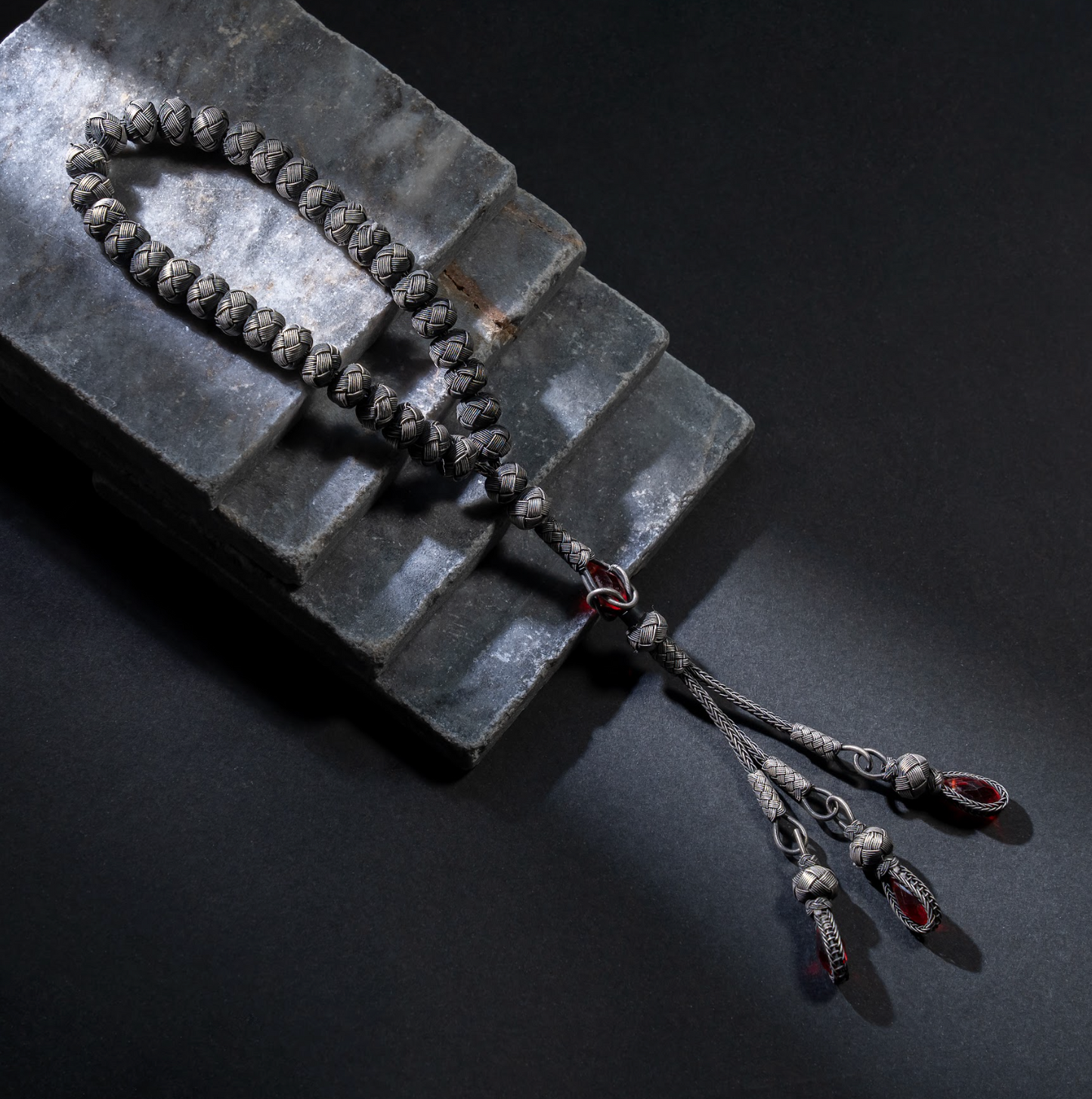 Red Stone Braided Silver Thread Rosary