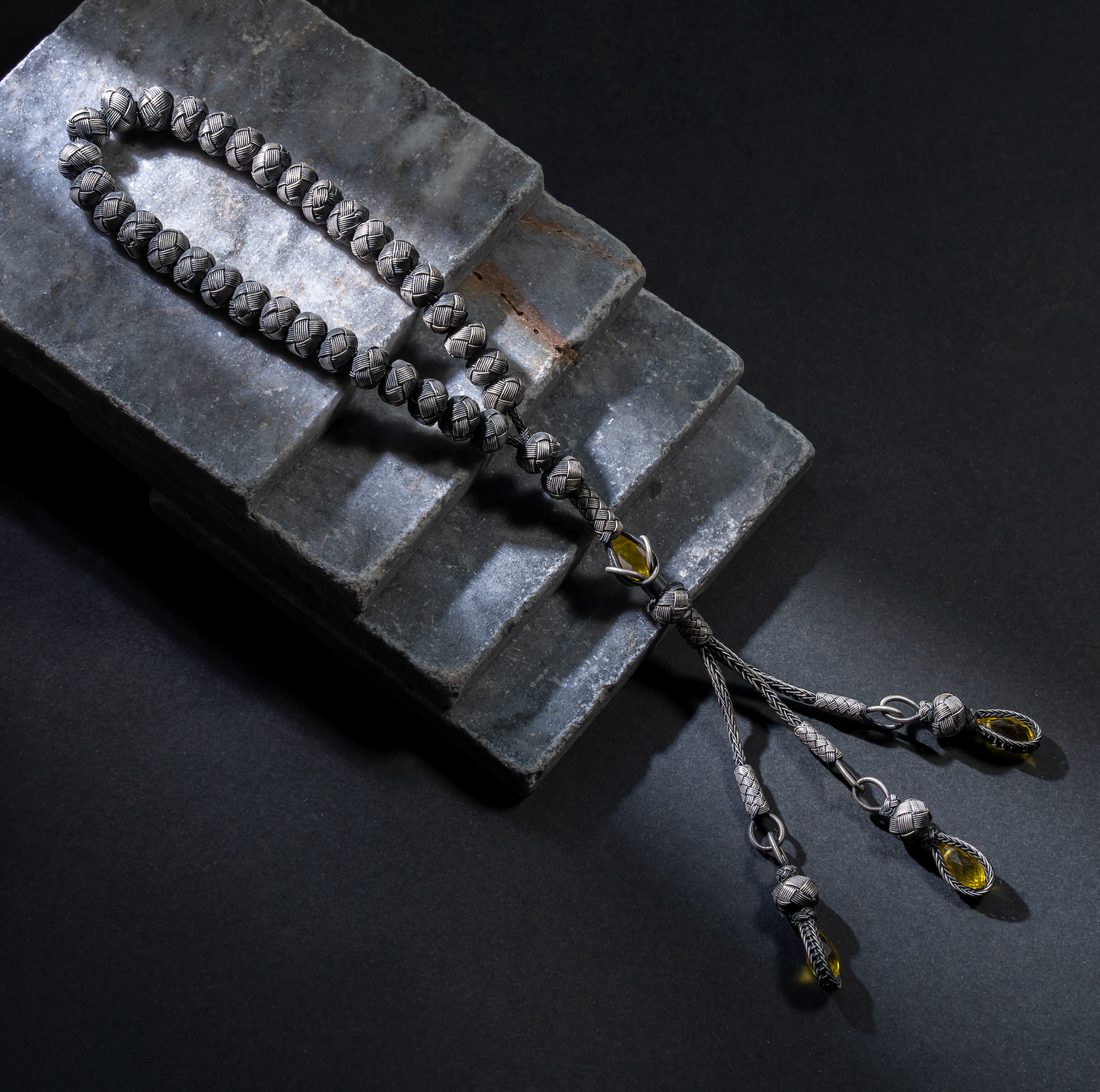 Yellow Stone Braided Silver Thread Rosary