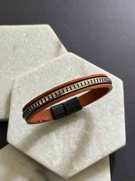 Mixed Metal Brown Leather Bracelet
