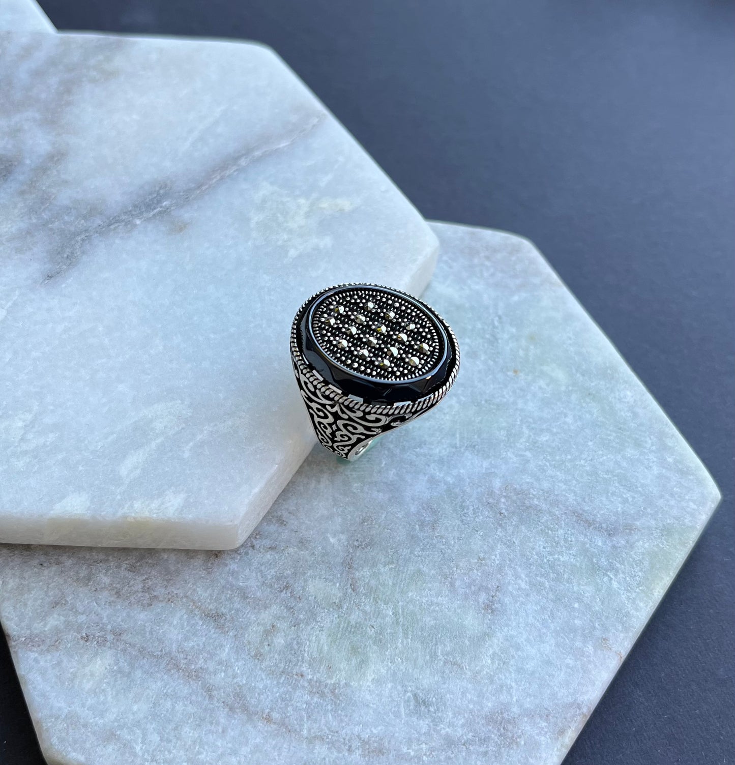 Black Onyx & Zirconia Silver Ring S925