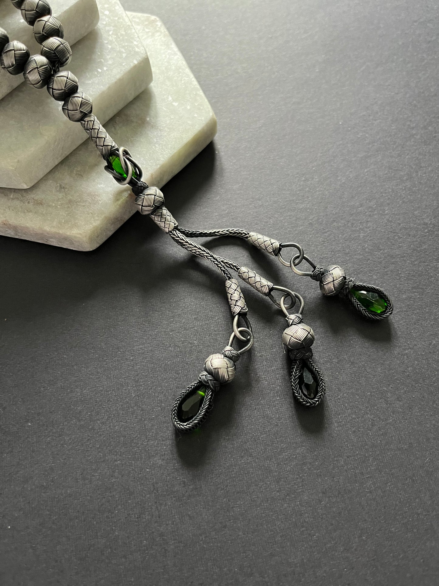 Green Stone Braided Silver Rosary S925