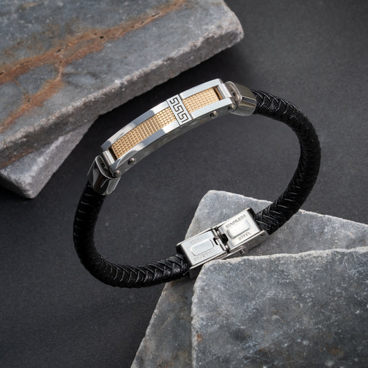 Greek Mixed Metal Braided Leather Bracelet